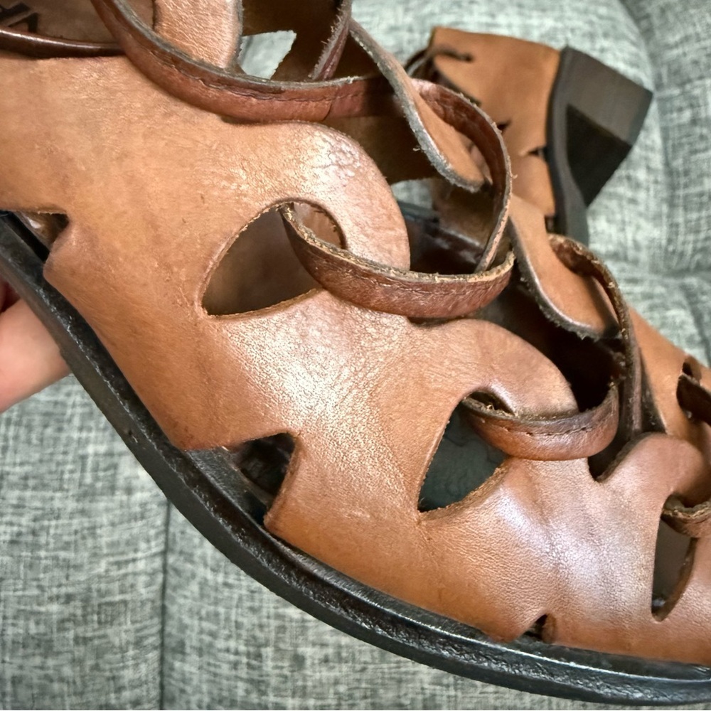 Aketohn Brown Leather Lace Up Gladiator Sandals Stacked Chunky Heel Size 37 - Picture 9 of 14